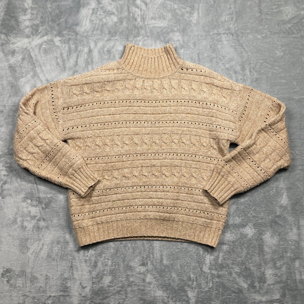 Madison + Hudson Sweater Womens Medium Tan Mock Neck Cable Knit Pointelle